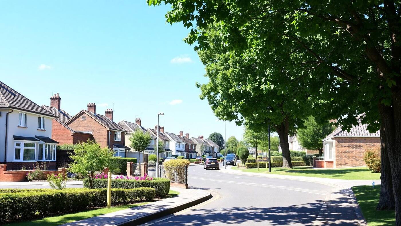 Residential street in Bletchley, Milton Keynes with well-maintained homes