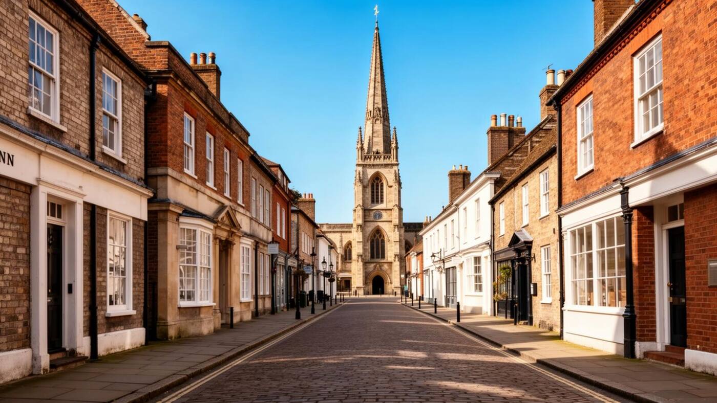 Historic market town centre of Buckingham with church spire