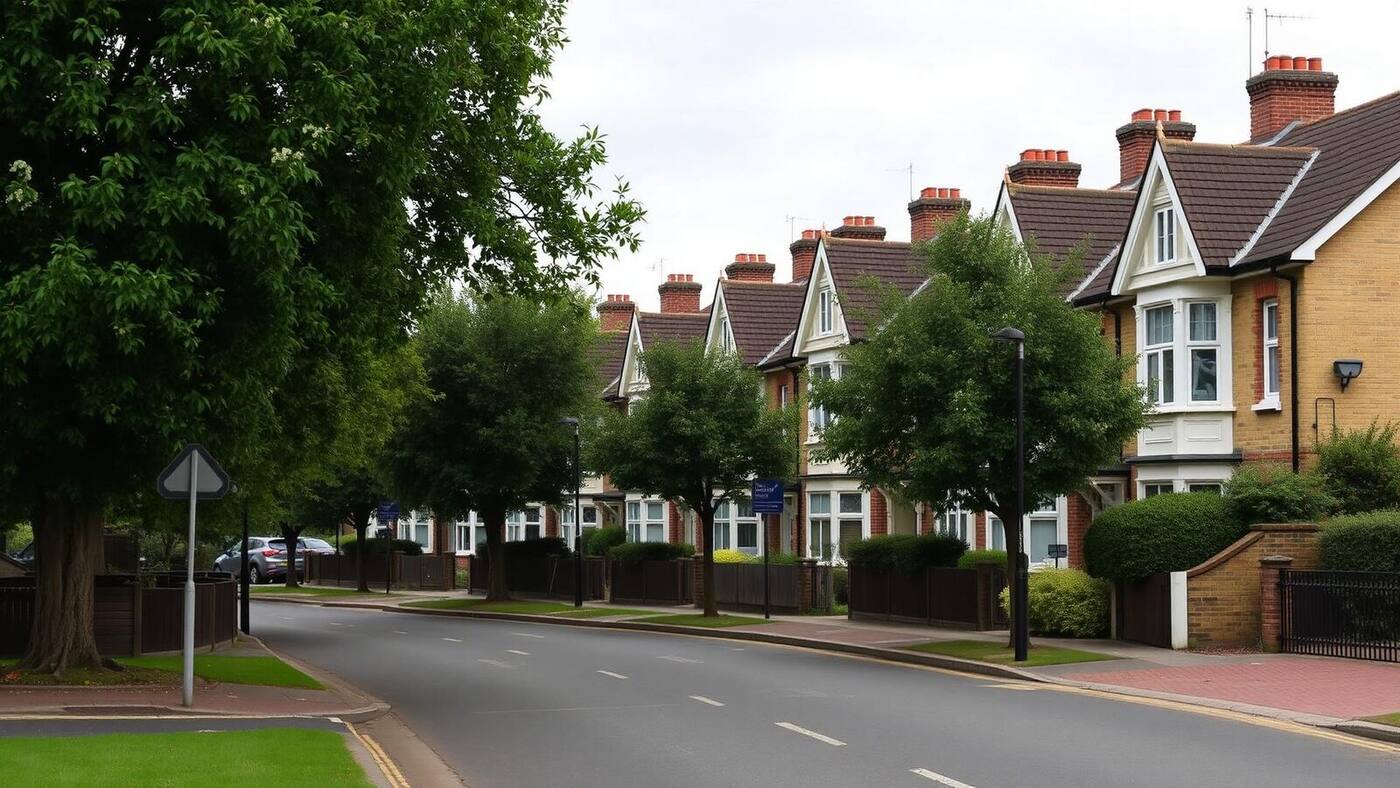 Victorian terraced houses on a tree-lined street in Wolverton, Milton Keynes
