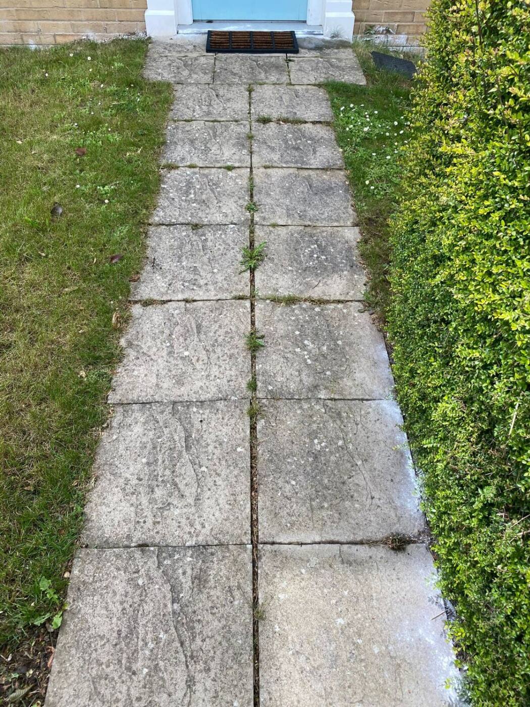 Dark stained garden path before professional pressure washing treatment