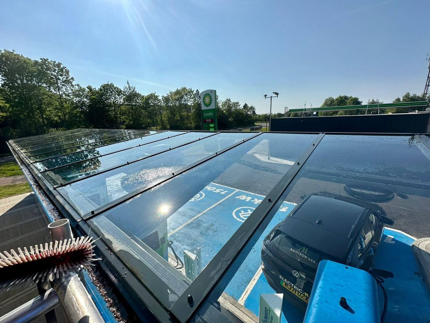 Dirty solar panels with bird droppings and grime reducing energy output before cleaning