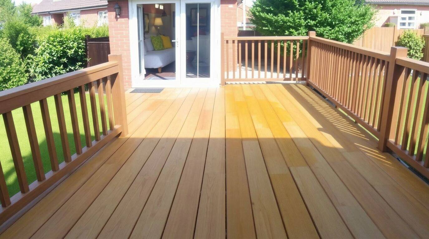 Wooden garden decking being professionally pressure washed