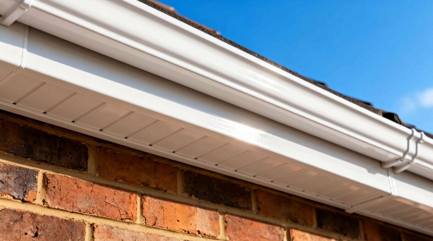 Bright white UPVC fascia boards and soffits professionally cleaned on a brick house