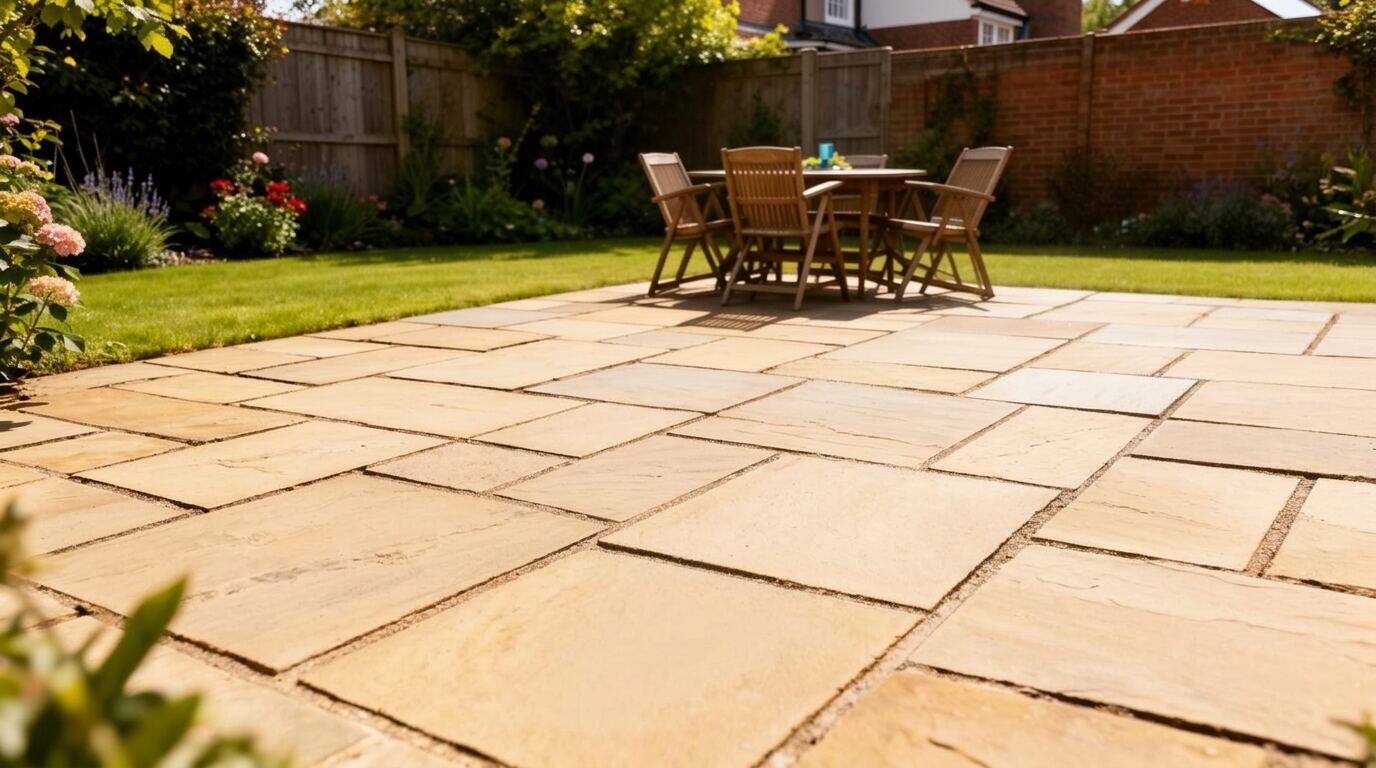 Stone patio slabs being professionally pressure washed with a rotary surface cleaner